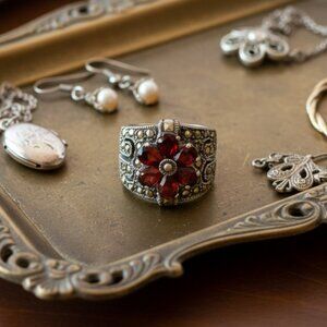Women’s 925 Sterling Silver Vintage Style Ring | Red CZ | Size 7